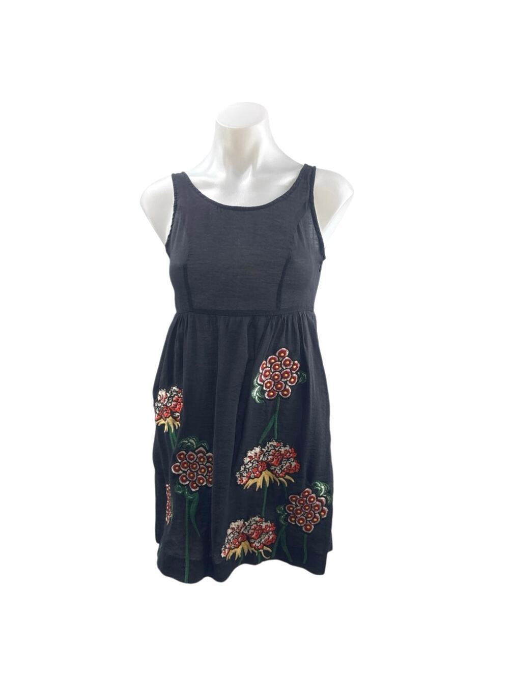 Kanvas Women's Black Floral Embroidery Sleeveless Mini Tank Flare A-Line Dress S